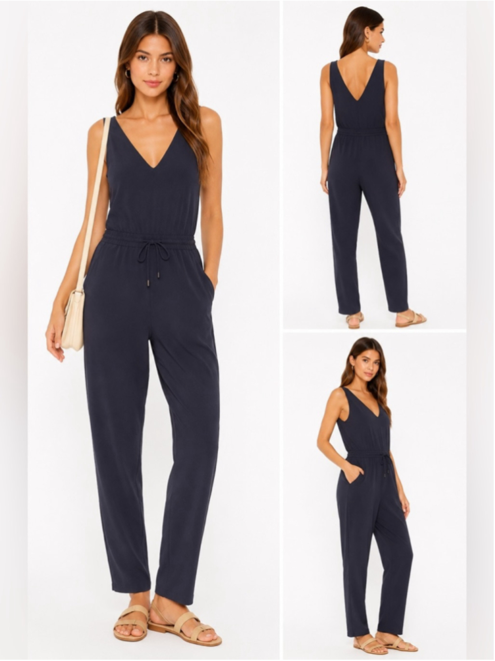 Sleeveless V-Neck Navy Jumpsuit with Drawstring Waist
